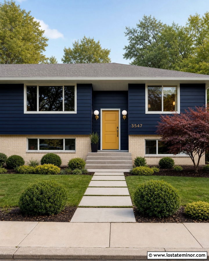 Navy Blue Split Level With Globe Lights - 30 Navy Blue House Design With Light Fixtures Ideas
