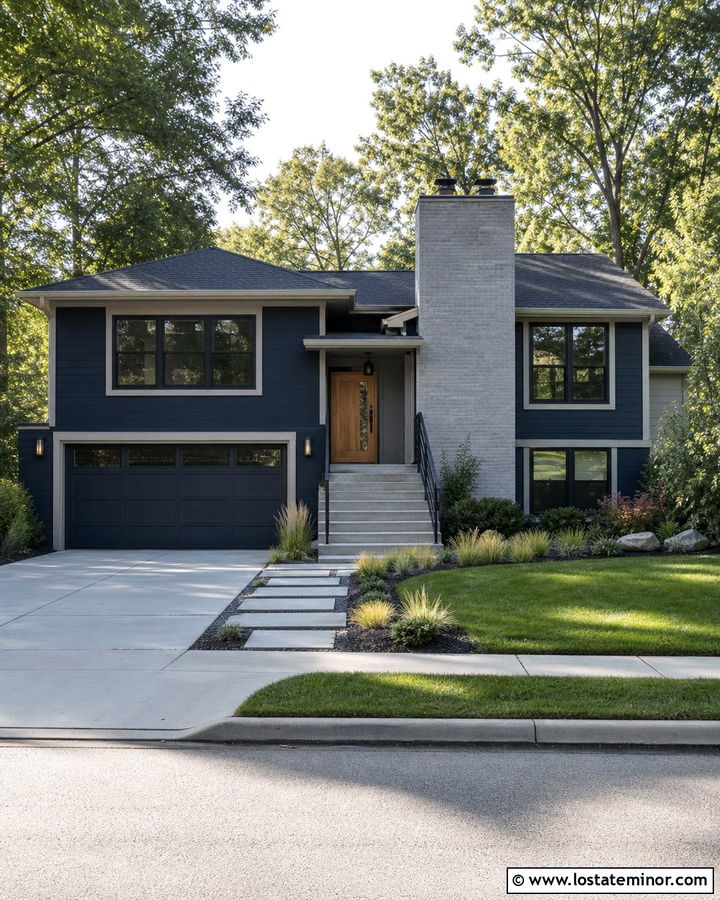 Navy Blue Split Level With Gray Brick Chimney - 30 Navy Blue House Design With Chimney Ideas
