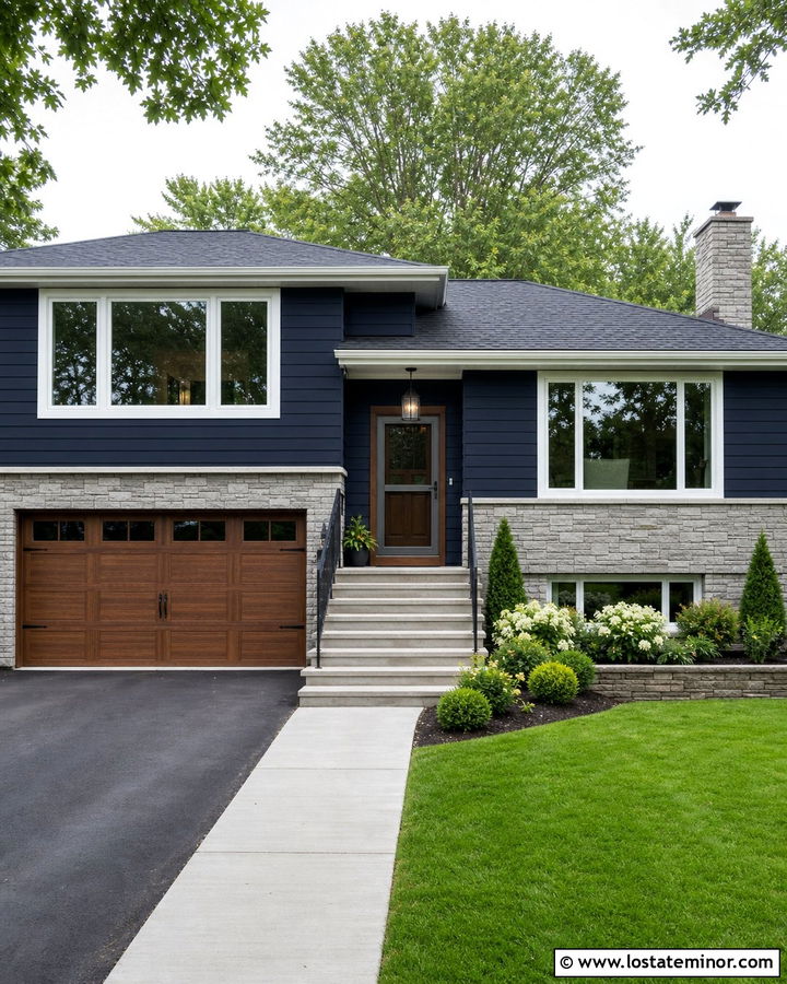 Navy Blue Split Level With Gray Screen Door - 30 Navy Blue House Design With Screen Door Ideas