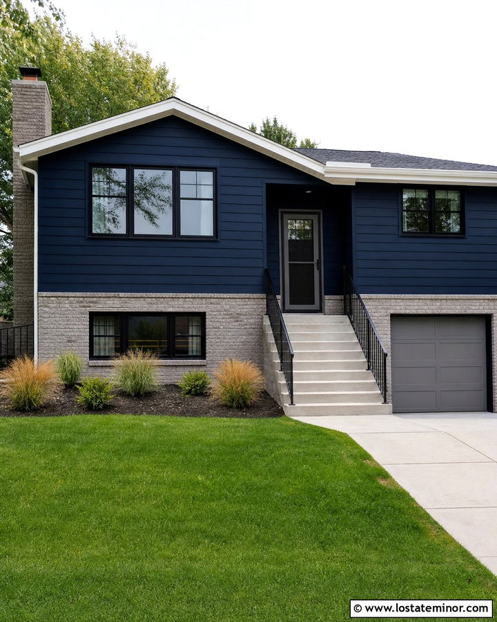 Navy Blue Split Level With Gray Storm Door - 30 Navy Blue House Design With Storm Door Ideas