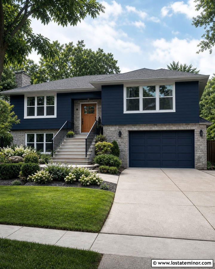 Navy Blue Split Level With Matching Garage - 30 Navy Blue House Design With Garage Door Ideas