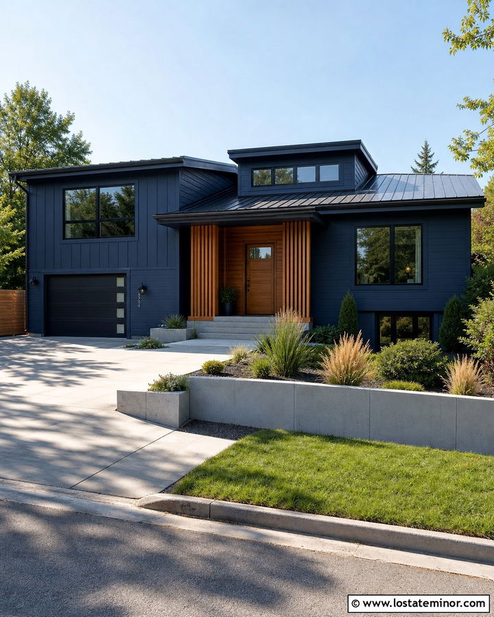 Navy Blue Split Level With Modern Dormer - 30 Navy Blue House Design With Dormers Ideas
