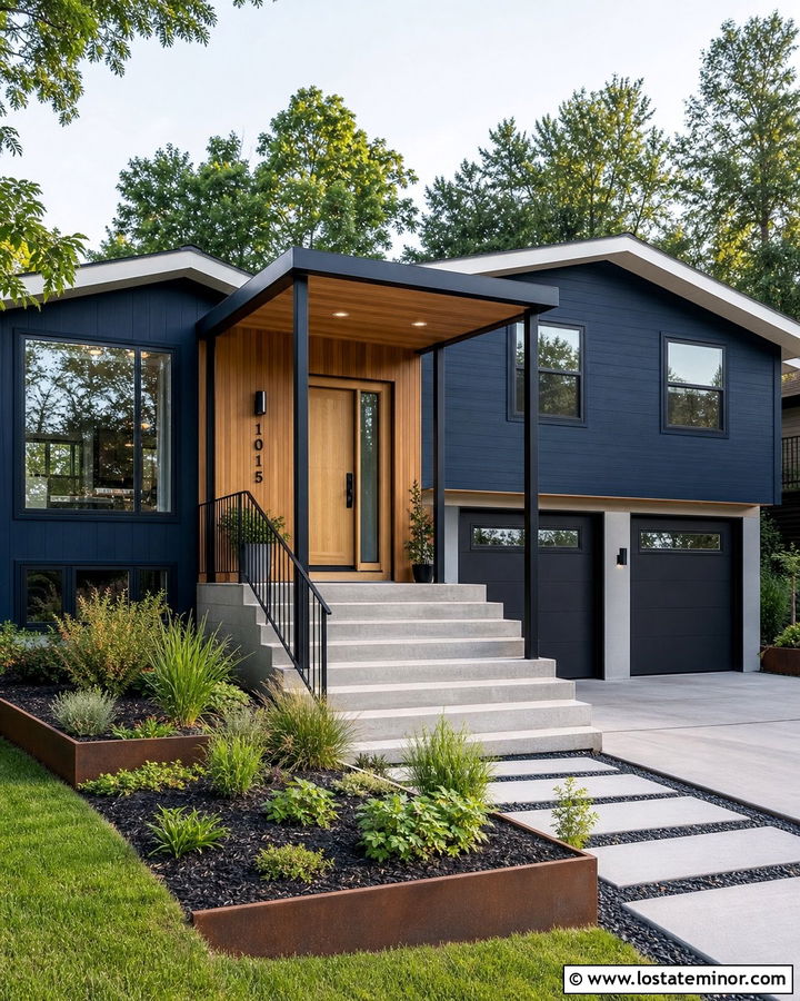 Navy Blue Split Level With Modern Porch - 30 Navy Blue House Design With Front Porch Ideas