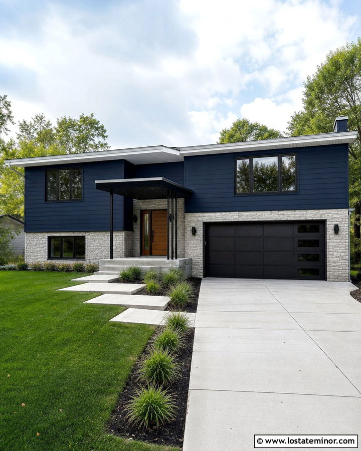 Navy Blue Split Level With Modern Portico - 30 Navy Blue House Design With Portico Ideas