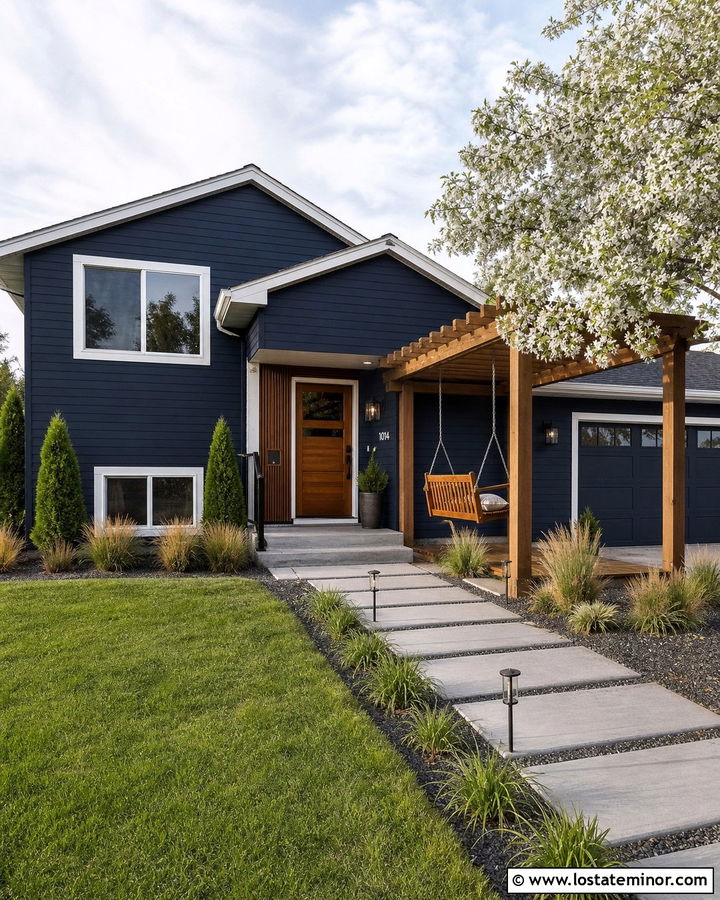 Navy Blue Split Level With Pergola Swing - 30 Navy Blue House Design With Swing Ideas