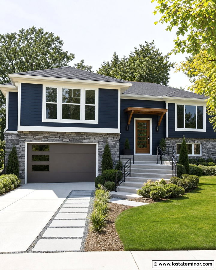 Navy Blue Split Level With Stone Garage - 30 Navy Blue House Design With Stone Accents Ideas
