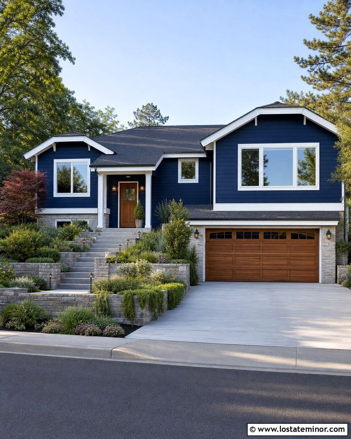 Navy Blue Split Level With Terraced Front Yard - 30 Navy Blue House Design With Front Yard Ideas