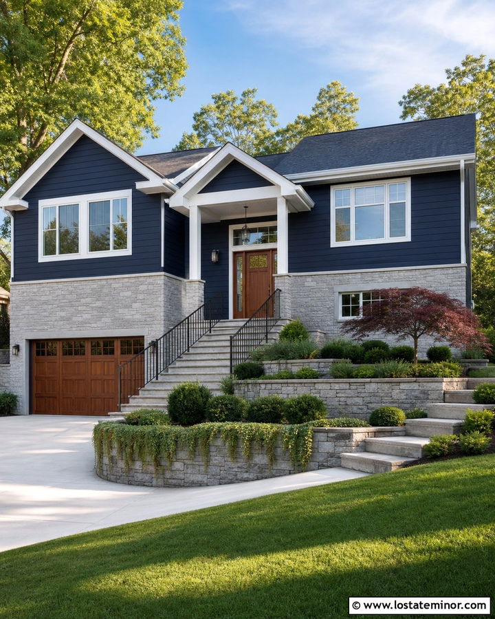Navy Blue Split Level With Terraced Landscaping - 30 Navy Blue House Design With Landscaping Ideas