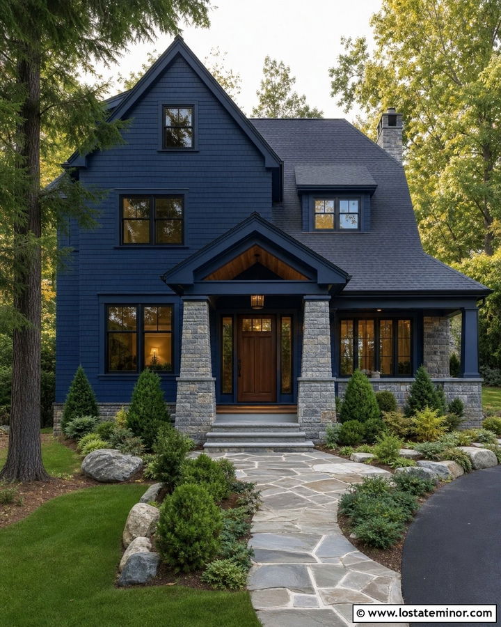 Navy Blue Stone House With Matching Portico - 30 Navy Blue House Design With Portico Ideas