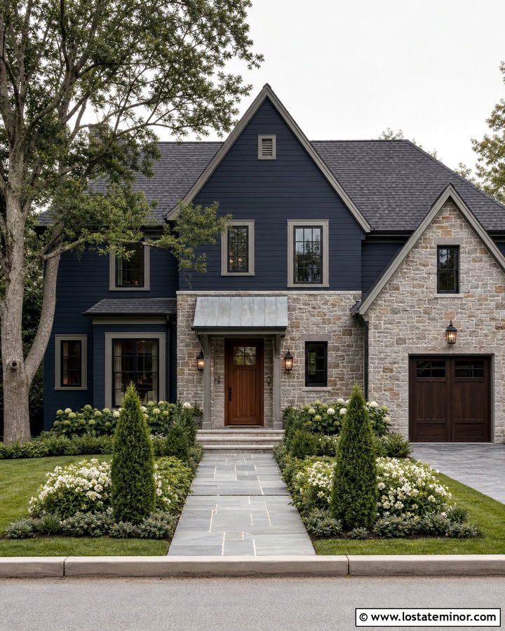 Navy Blue Stone House With Zinc Awning - 30 Navy Blue House Design With Awning Ideas