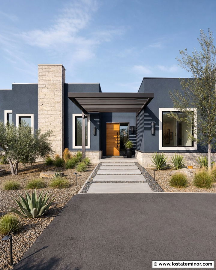 Navy Blue Stucco House With Aluminum Pergola - 30 Navy Blue House Design With Pergola Ideas