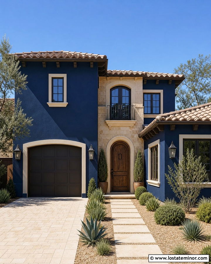 Navy Blue Stucco House With Bronze Garage Door - 30 Navy Blue House Design With Garage Door Ideas