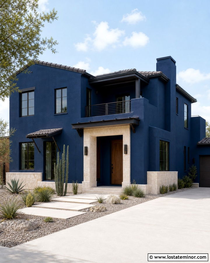 Navy Blue Stucco House With Bronze Window Frames - 30 Navy Blue House Design With Window Frames Ideas