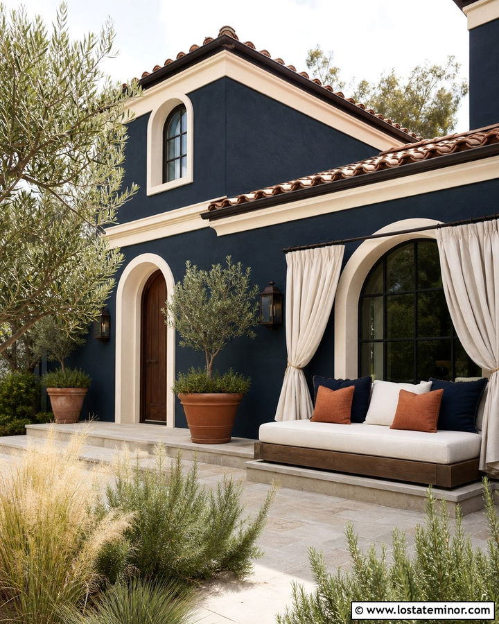 Navy Blue Stucco House With Canopy Daybed - 30 Navy Blue House Design With Daybed Ideas