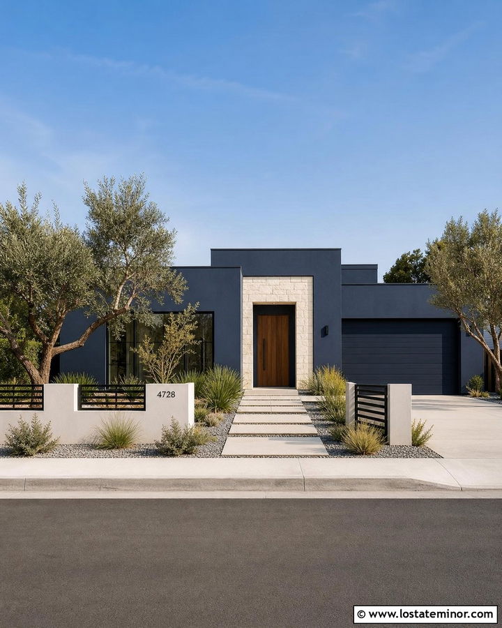Navy Blue Stucco House With Concrete Fence - 30 Navy Blue House Design With Fence Ideas