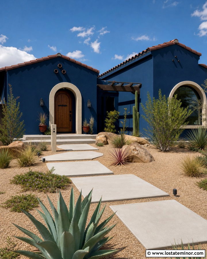 Navy Blue Stucco House With Desert Front Yard - 30 Navy Blue House Design With Front Yard Ideas