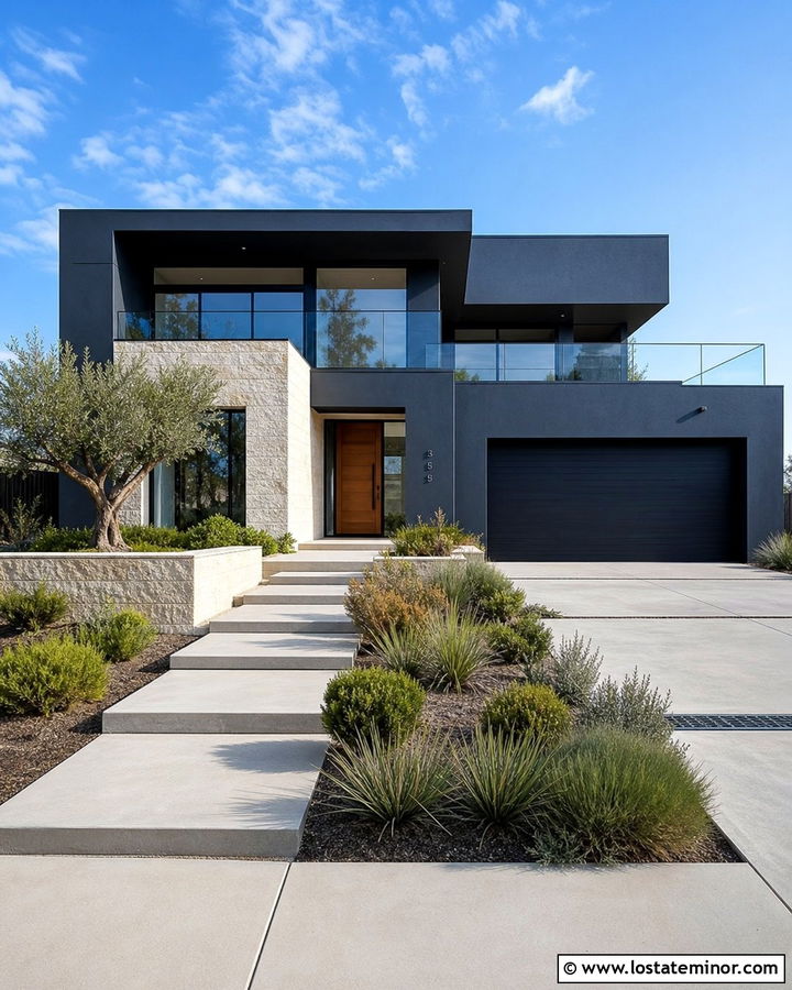 Navy Blue Stucco House With Glass Railings - 30 Navy Blue House Design With Railings Ideas