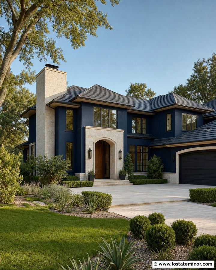 Navy Blue Stucco House With Limestone Chimney - 30 Navy Blue House Design With Chimney Ideas