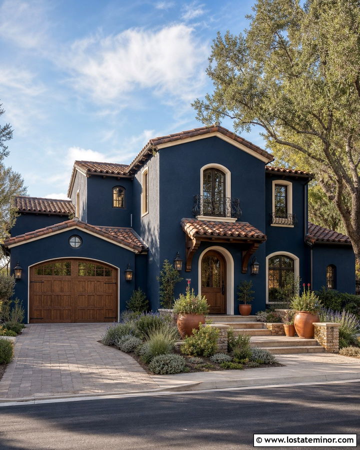 Navy Blue Stucco House With Tile Awning - 30 Navy Blue House Design With Awning Ideas