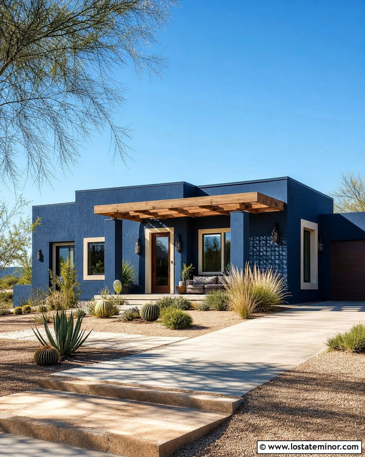 Navy Blue Stucco House With Wood Pergola - 30 Navy Blue House Design With Accents Ideas