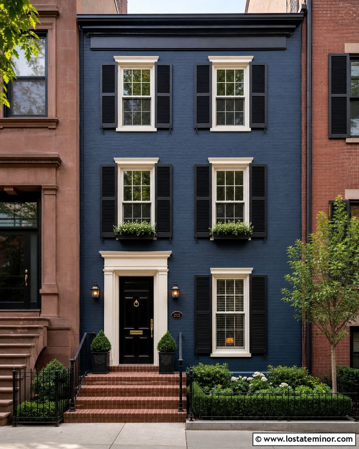 Navy Blue Townhouse With Black Shutters - 30 Navy Blue House Design With Shutters Ideas