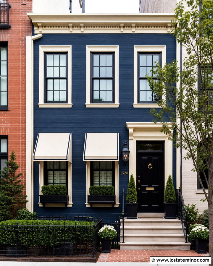 Navy Blue Townhouse With Canvas Awning - 30 Navy Blue House Design With Awning Ideas