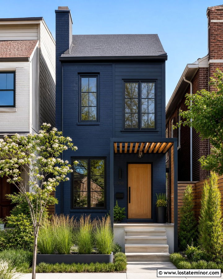 Navy Blue Townhouse With Compact Pergola - 30 Navy Blue House Design With Pergola Ideas
