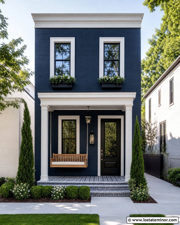 Navy Blue Townhouse With Compact Swing - 30 Navy Blue House Design With Swing Ideas