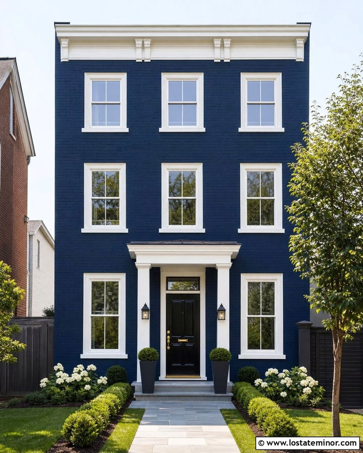 Navy Blue Townhouse With Narrow Portico - 30 Navy Blue House Design With Portico Ideas