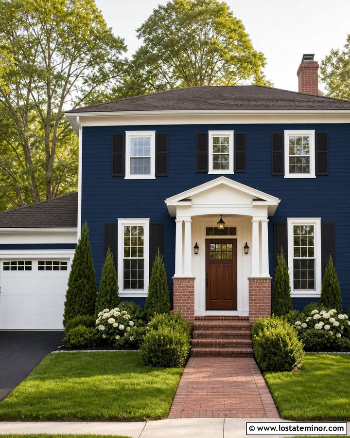 Navy Blue Traditional House With Brick Portico - 30 Navy Blue House Design With Portico Ideas