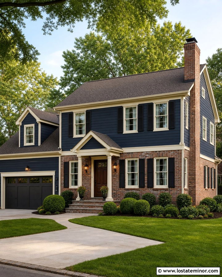 Navy Blue Traditional House With Mixed Brick - 30 Navy Blue House Design With Brick Accents Ideas