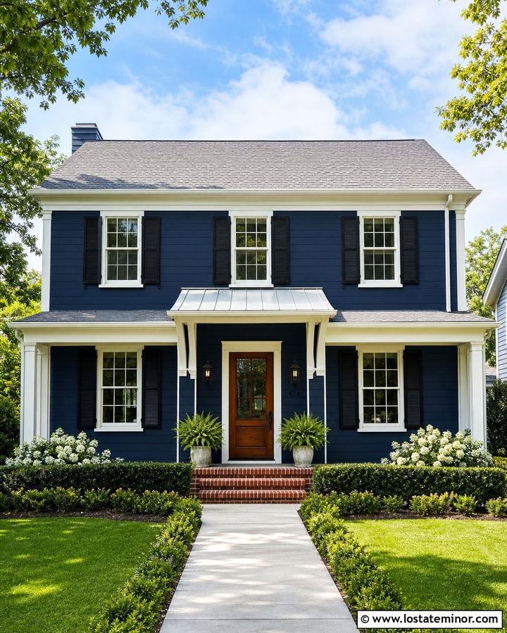 Navy Blue Traditional House With White Metal Awning - 30 Navy Blue House Design With Awning Ideas
