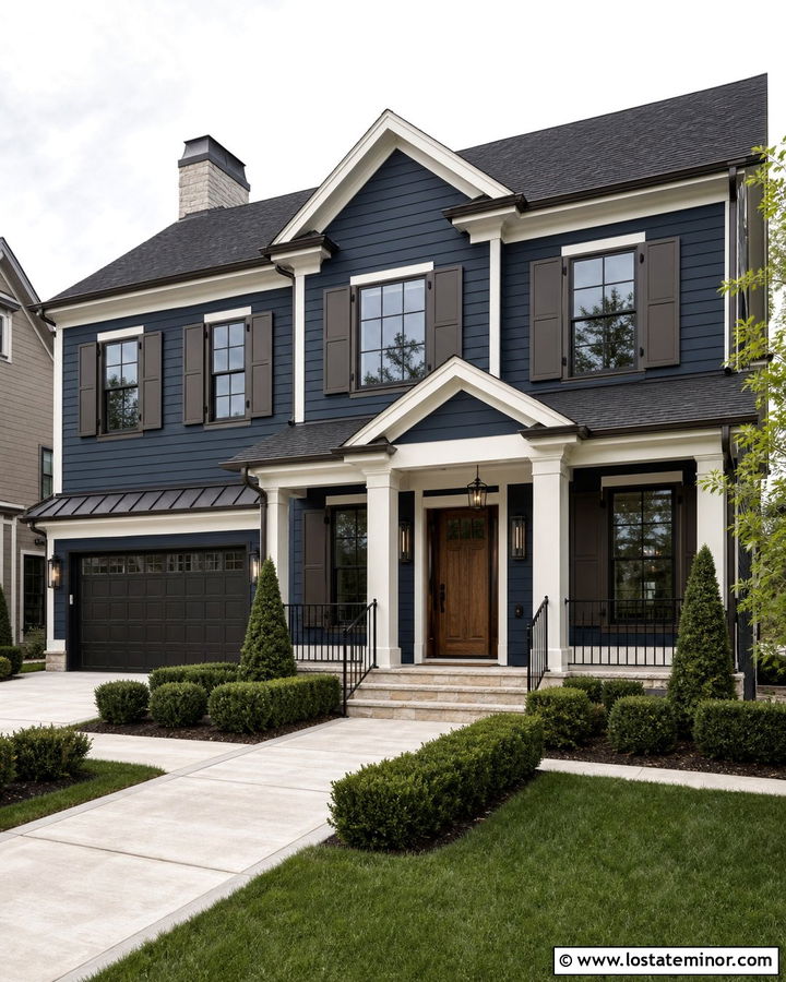 Navy Blue Transitional House With Bronze Shutters - 30 Navy Blue House Design With Shutters Ideas