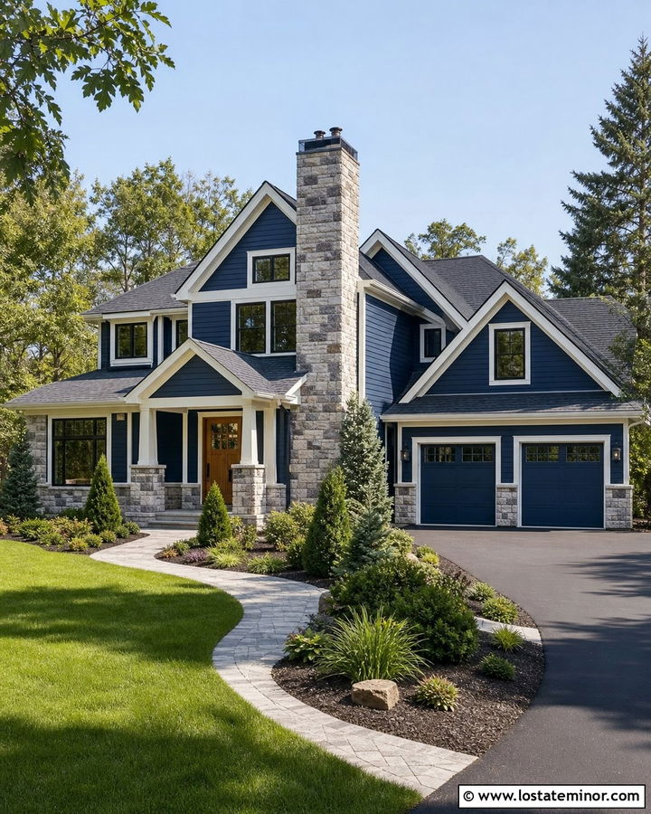 Navy Blue Transitional House With Mixed Stone Chimney - 30 Navy Blue House Design With Chimney Ideas