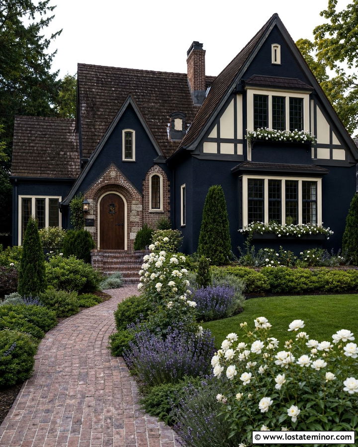 Navy Blue Tudor House With Arched Garden Path - 30 Navy Blue House Design With Front Yard Ideas