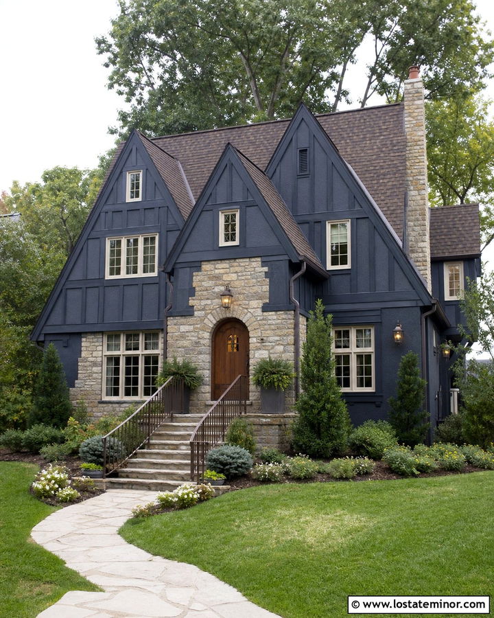 Navy Blue Tudor House With Bronze Railings - 30 Navy Blue House Design With Railings Ideas
