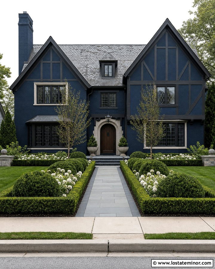 Navy Blue Tudor House With Formal Garden - 30 Navy Blue House Design With Landscaping Ideas
