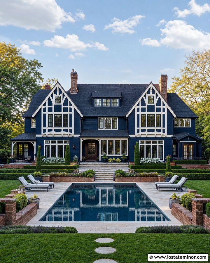 Navy Blue Tudor House With Formal Pool - 30 Navy Blue House Design With Swimming Pool Ideas