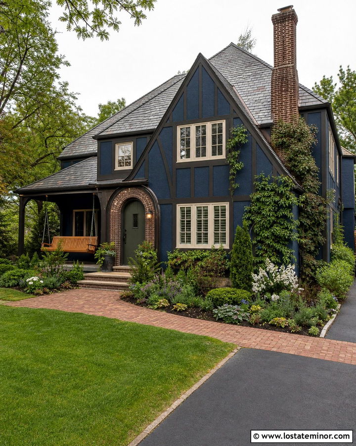 Navy Blue Tudor House With Oak Swing - 30 Navy Blue House Design With Swing Ideas