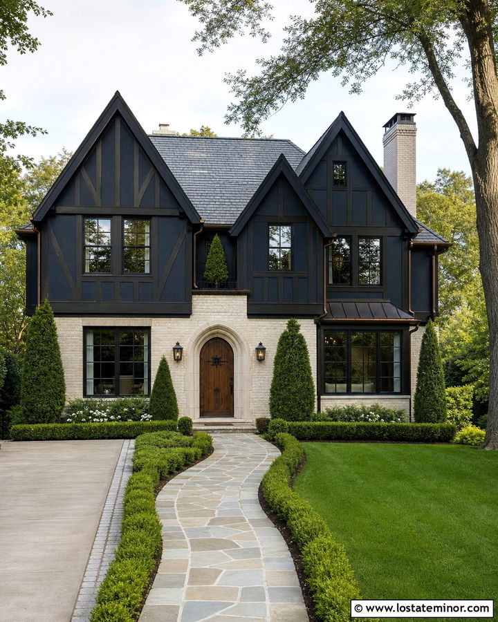 Navy Blue Tudor House With Steep Gables - 30 Navy Blue House Design With Gables Ideas