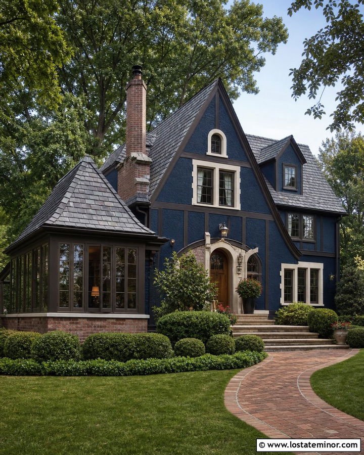 Navy Blue Tudor House With Sunroom - 30 Navy Blue House Design With Sunroom Ideas