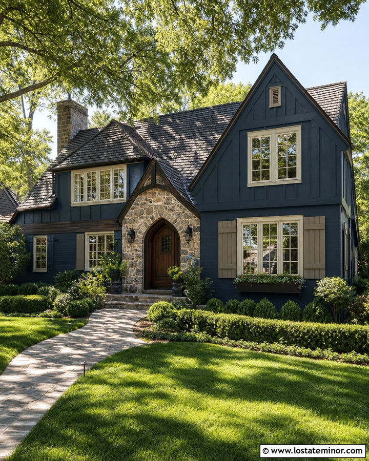 Navy Blue Tudor House With Taupe Shutters - 30 Navy Blue House Design With Shutters Ideas