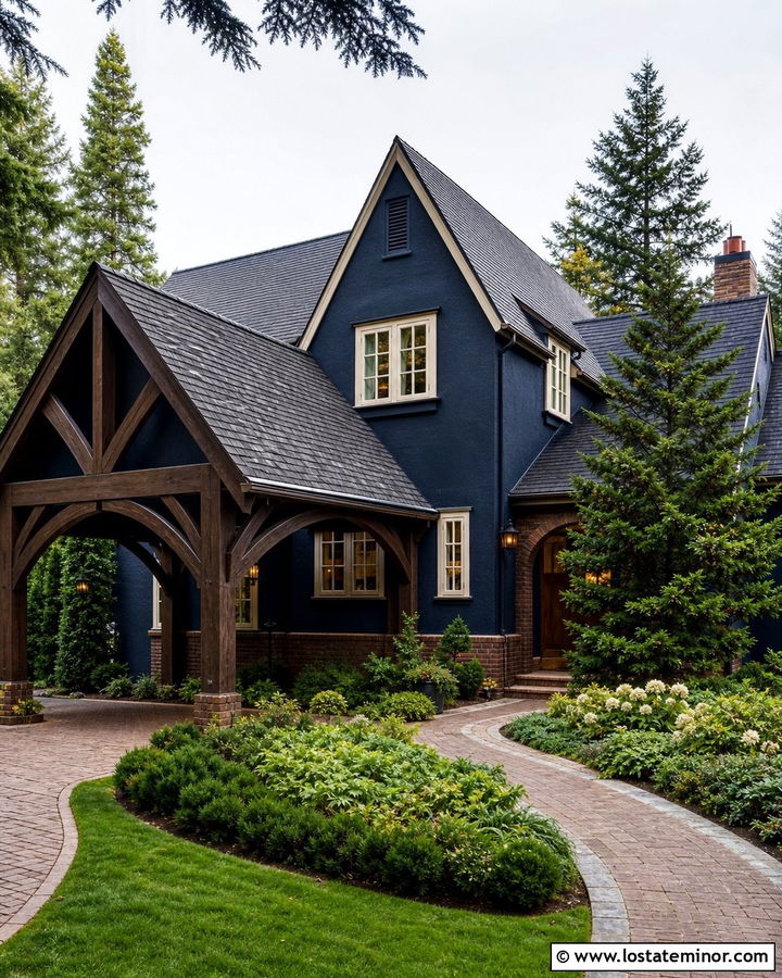 Navy Blue Tudor House With Timber Carport - 30 Navy Blue House Design With Carport Ideas
