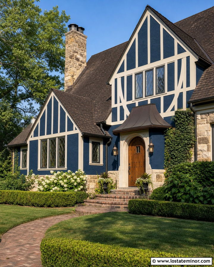 Navy Blue Tudor With Arched Awning - 30 Navy Blue House Design With Awning Ideas