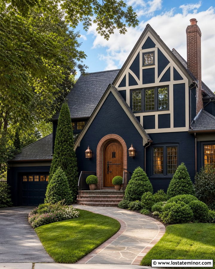 Navy Blue Tudor With Arched Brick Entry - 30 Navy Blue House Design With Brick Accents Ideas