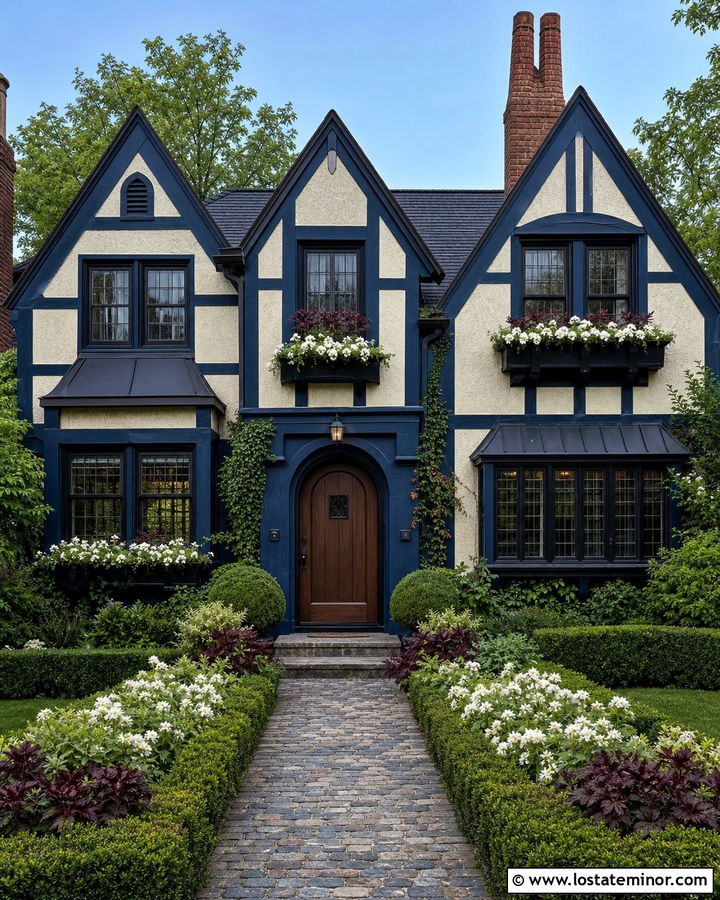Navy Blue Tudor With Black Timber Window Boxes - 30 Navy Blue House Design With Window Boxes Ideas