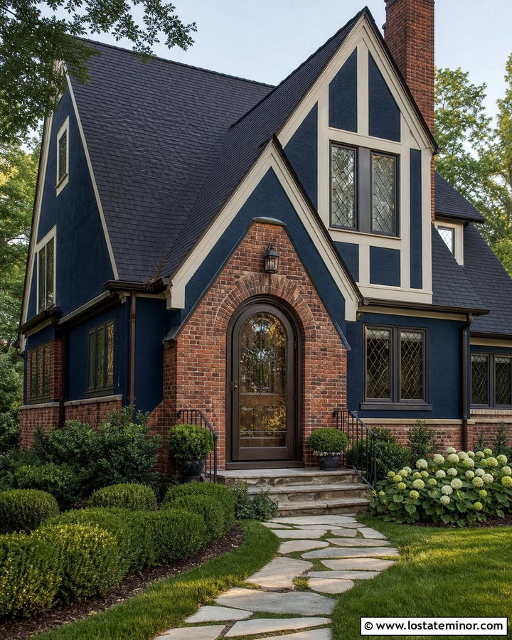 Navy Blue Tudor With Bronze Storm Door - 30 Navy Blue House Design With Storm Door Ideas