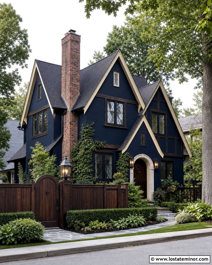 Navy Blue Tudor With Dark Wood Fence - 30 Navy Blue House Design With Fence Ideas