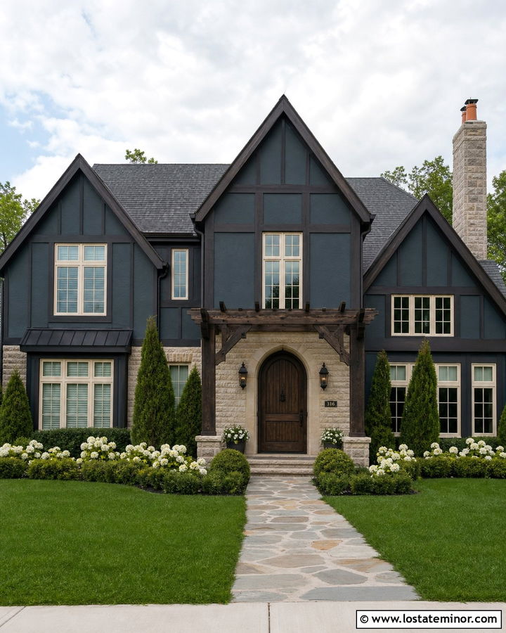 Navy Blue Tudor With Dark Wood Pergola - 30 Navy Blue House Design With Pergola Ideas