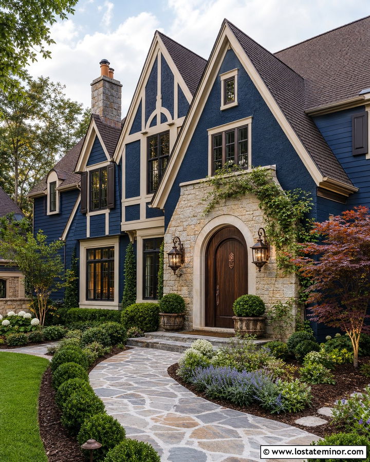 Navy Blue Tudor With Forged Iron Lanterns - 30 Navy Blue House Design With Light Fixtures Ideas